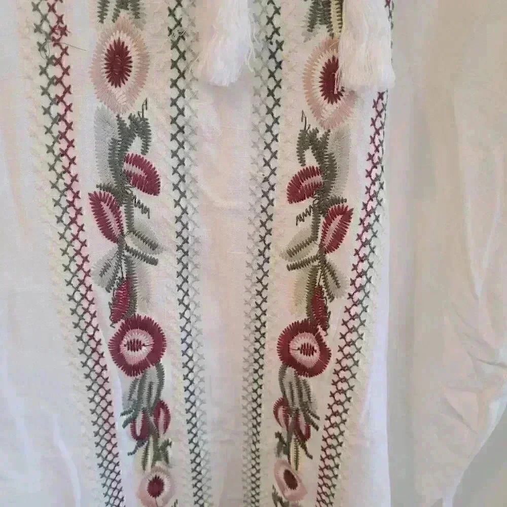 Orange Creek Women's White Rayon/Linen w Colorful Floral Embroidered Tunic Dress - Picture 3 of 13